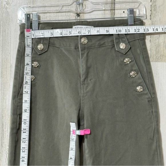 Revelation Denim Flare High Rise Button Dark Olive Wide Leg Jeans - Picture 8 of 14